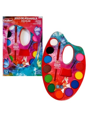 AQUARELA ESCOLAR C/12 PASTILHAS DE CORES E PINCEL UN.