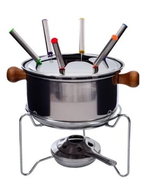 Aparelho de Fondue Berna com 10 peças – panela inox com alças em madeira, suporte, queimador e 6 garfos coloridos. Ideal para queijos, chocolates