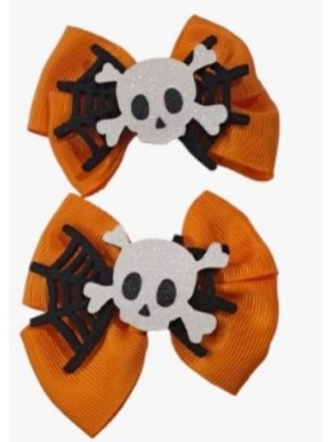 Presilha Laço Duplo Caveira 8cm c/2 Peças – Acessório de Cabelo Halloween para Fantasia Infantil e Adulta