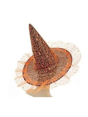 Chapéu de Bruxa Laranja com Estampa de Teias – Fantasia Halloween Adulto e Infantil Acessório Decorativo