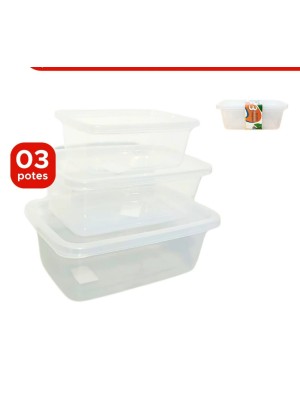 Kit 3 Potes De Plástico Retangular C/ Tampa Retangular - 260ml / M - 520ml / G - 1300ml
