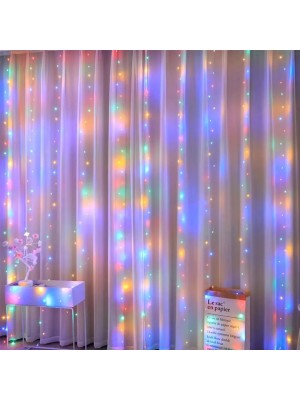Cortina LED 300L 3x3m Colorida Fio Transparente Bivolt Decoração Natal e Festas