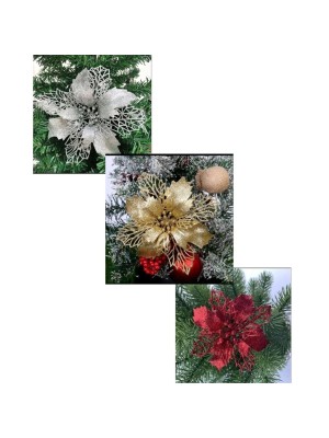 Enfeite Flor Vazada 17cm Natalina – Flor Decorativa Brilhante para Árvore, Guirlanda e Mesa