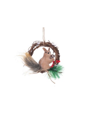 Guirlanda mini de porta 13,5x3,8x10,5cm esquilo natalina decorativa em MDF com pinhas e cordão para porta, parede e arranjos de Natal