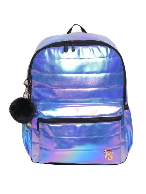 Mochila Holográfica de Vinil com Chaveiro Pompom Brilhante Escolar Feminina