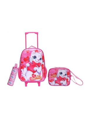 Mochila Infantil com Rodinhas Cat Sweet Kit com Lancheira e Estojo – Estampa de Gatinha, Carrinho Reforçado e Design Colorido