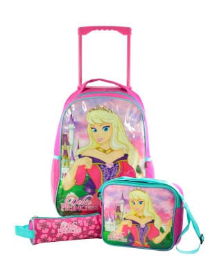 Mochila Infantil com Rodinha Kit Completo com Lancheira Térmica e Estojo Princesa