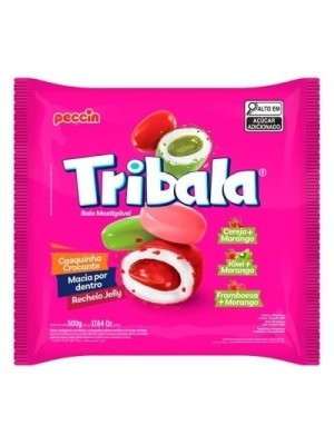 Bala Tribala Morango Sortida 500g Bala Mastigável com Recheio Jelly Casquinha Crocante
